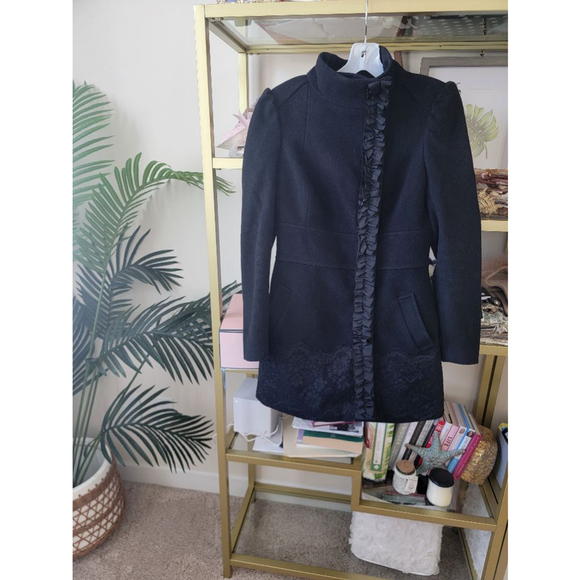 BEBE Black Wool / Cashmere Coat with Lace and Ruffles - Size Medium - Picture 1 of 8